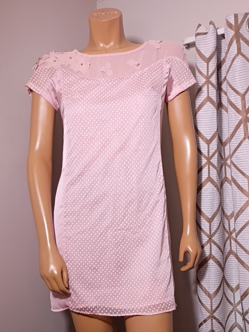 Soft Pink Polka Dot Mini Dress with Floral Appliqué